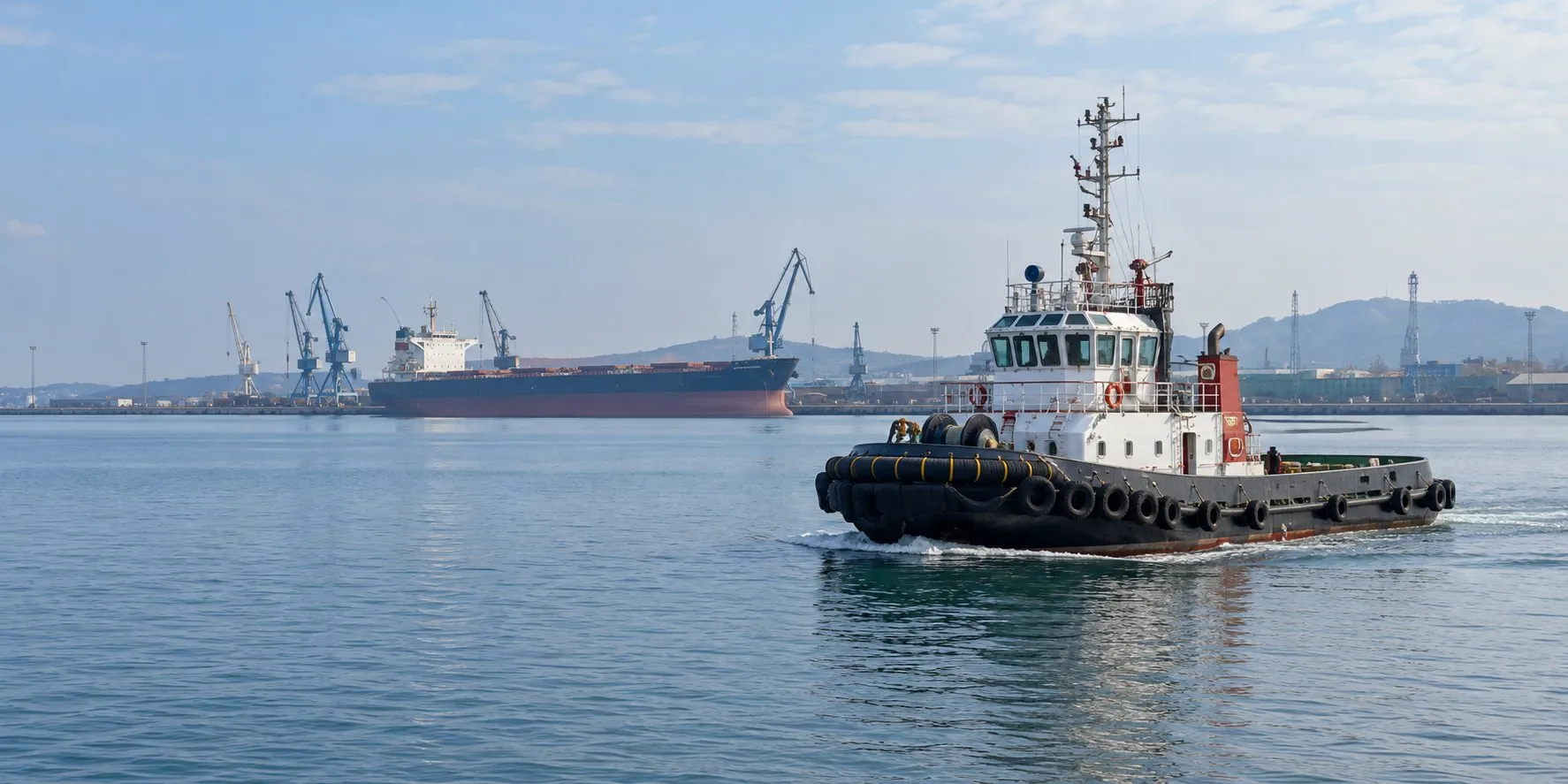 Illustration of a harbour tug on calm water beside a commercial port; not a photograph of PSAPL operations