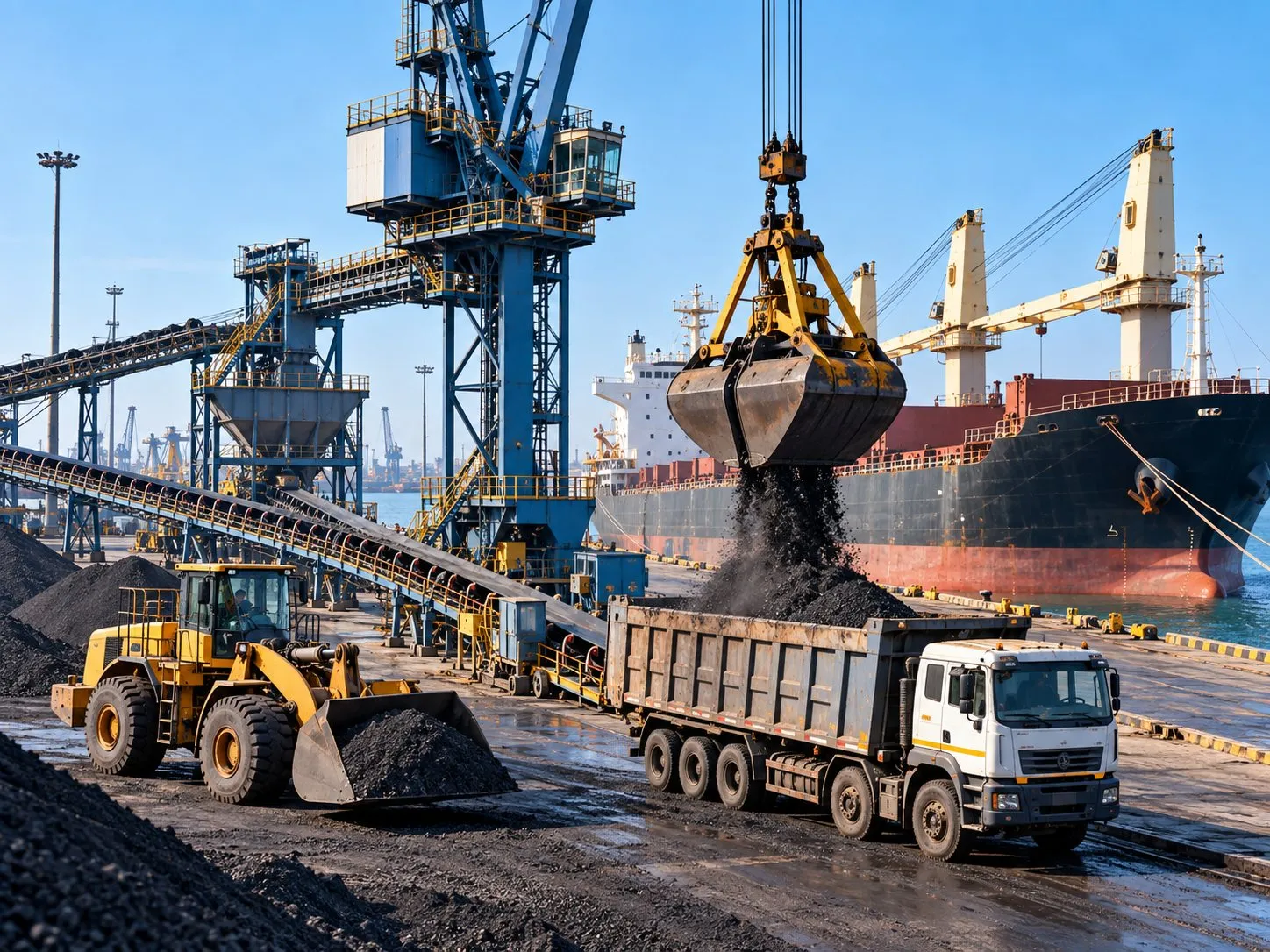 Illustration of a wheel loader, a grab and a dumper truck handling coal beside a bulk carrier at a port