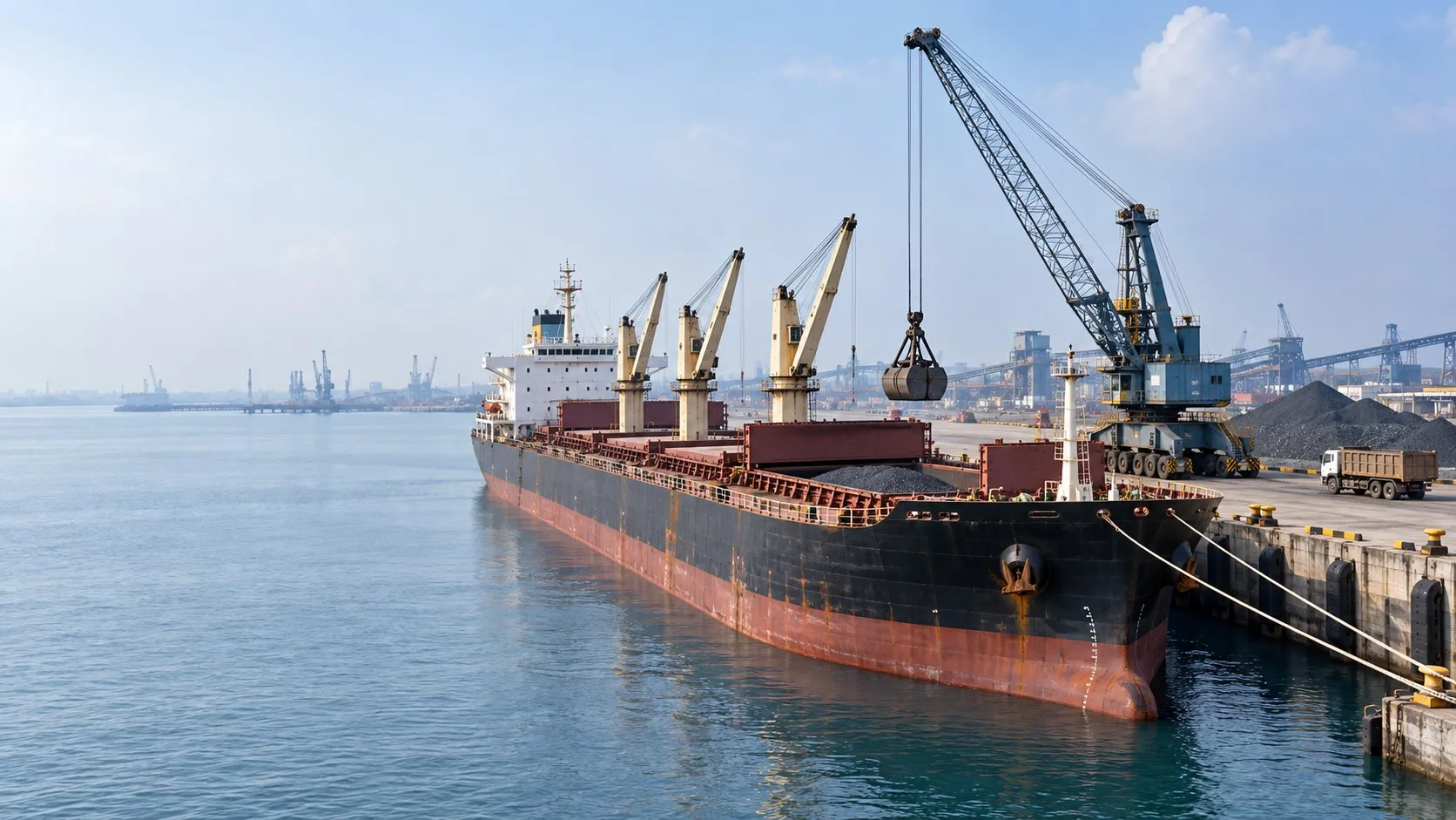 Illustration of a bulk carrier alongside a berth with a harbour grab crane and bulk cargo