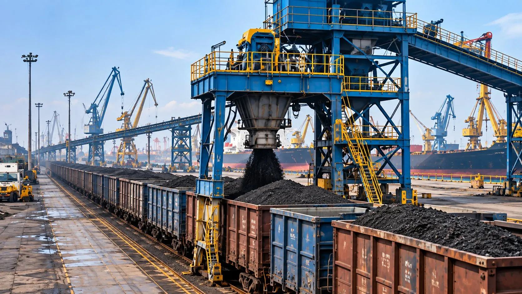 Illustration of a loading chute filling railway wagons with coal at a port