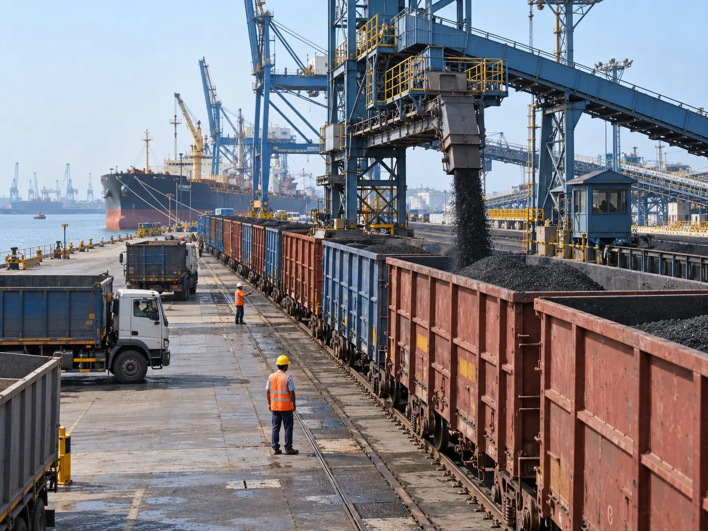 Illustration of railway wagons and tipper trucks being loaded with coal at a port terminal