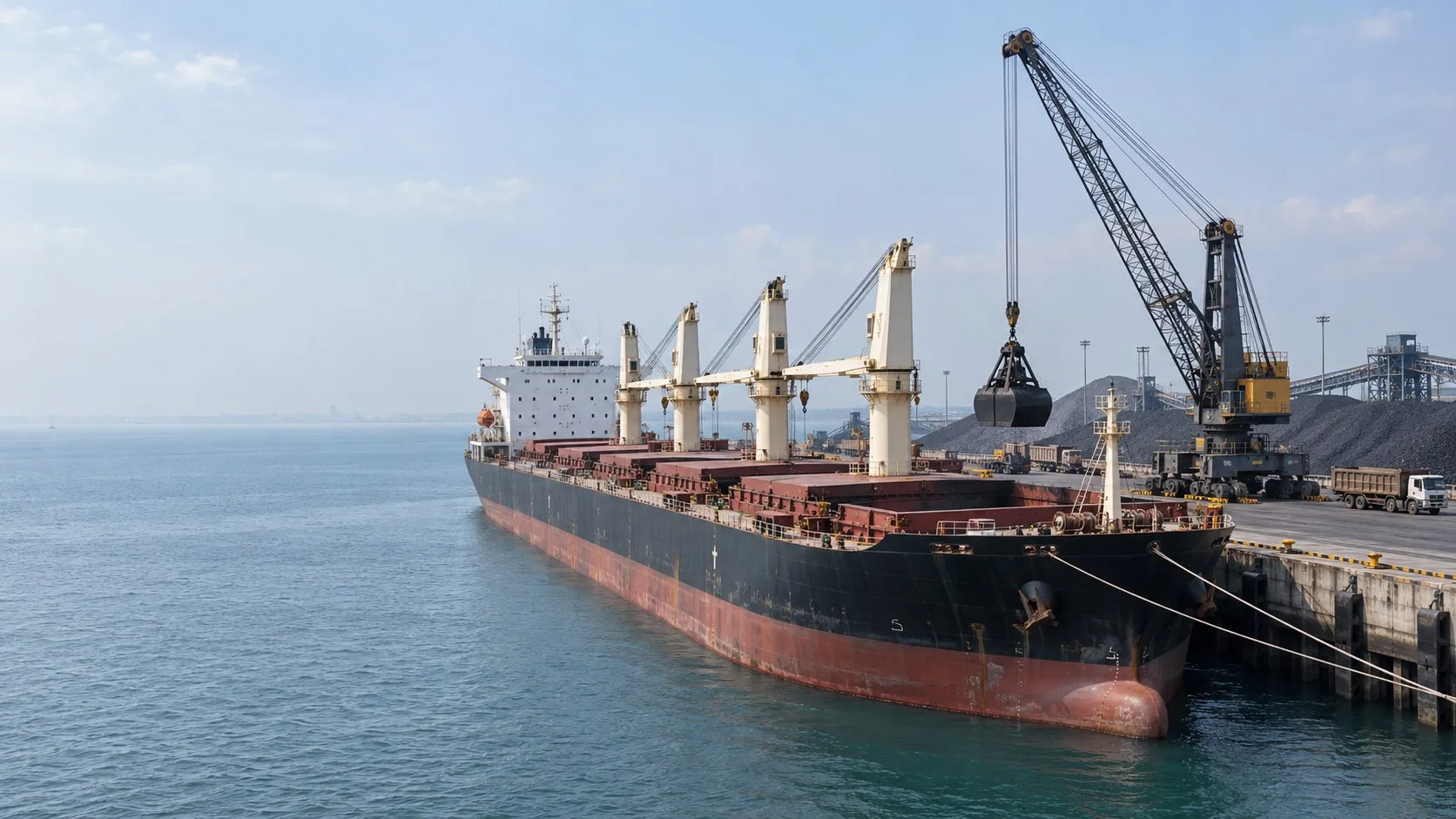 Illustration of a bulk carrier, harbour grab crane and tipper truck at a bulk-cargo berth